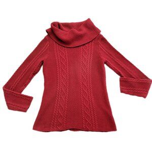 Jeanne Pierre Sweater Women M Red Cable Knit Cotton Cowl Neck Fisherman Style